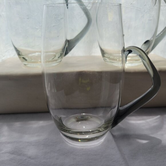 MCM Set Of 3 Clear Glass Mugs With Unique Curved Smokey Grey Handles - Picture 5 of 9